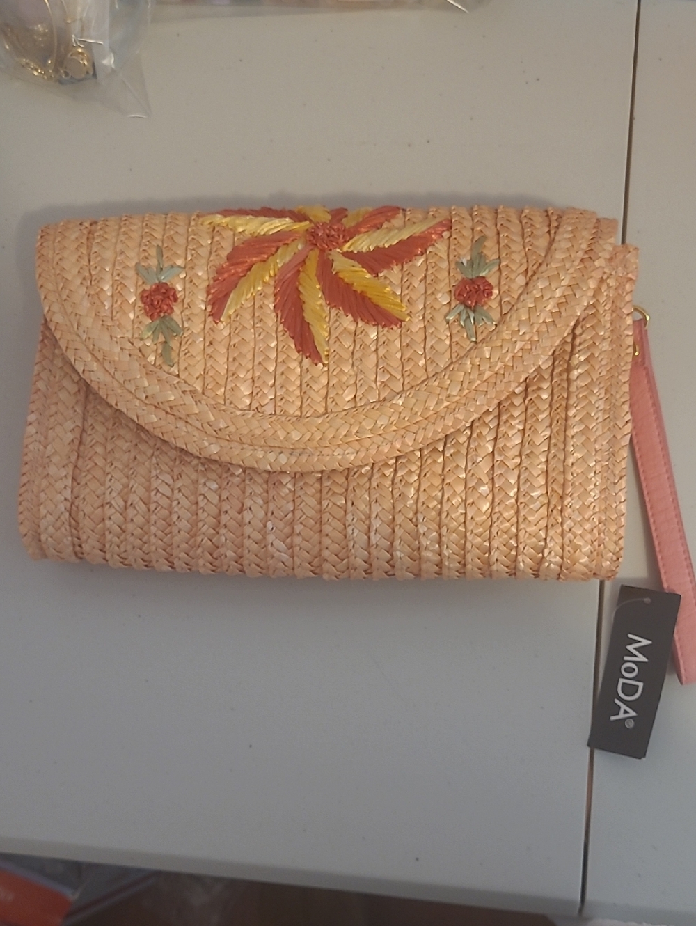 MODA Woven Straw Clutch with Embroidered Floral Detail - Pink